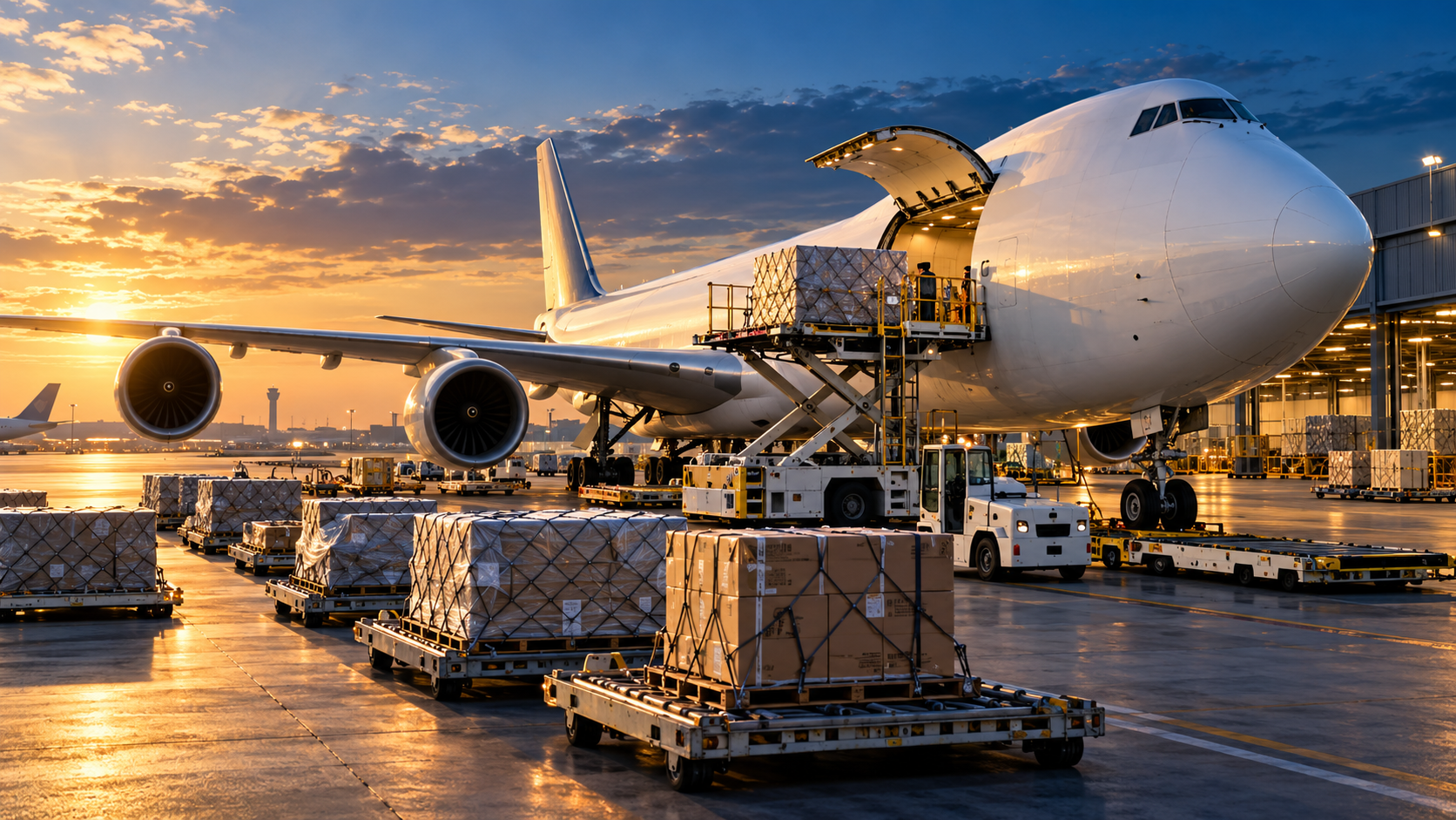 Cargo aircraft loading international air freight pallets at an airport terminal