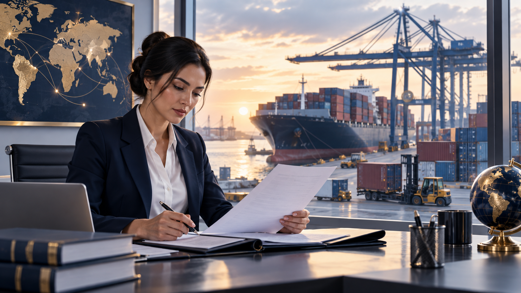 Import-export specialist reviewing trade documents beside an international cargo port