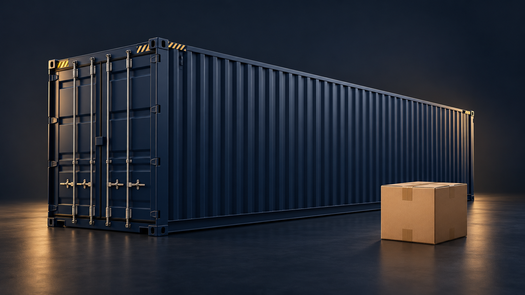 40-foot sea freight container beside a cardboard carton, illustrating FCL and LCL shipping