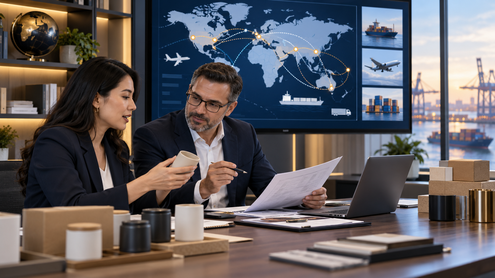 Logistics professionals coordinating suppliers and international shipment routes