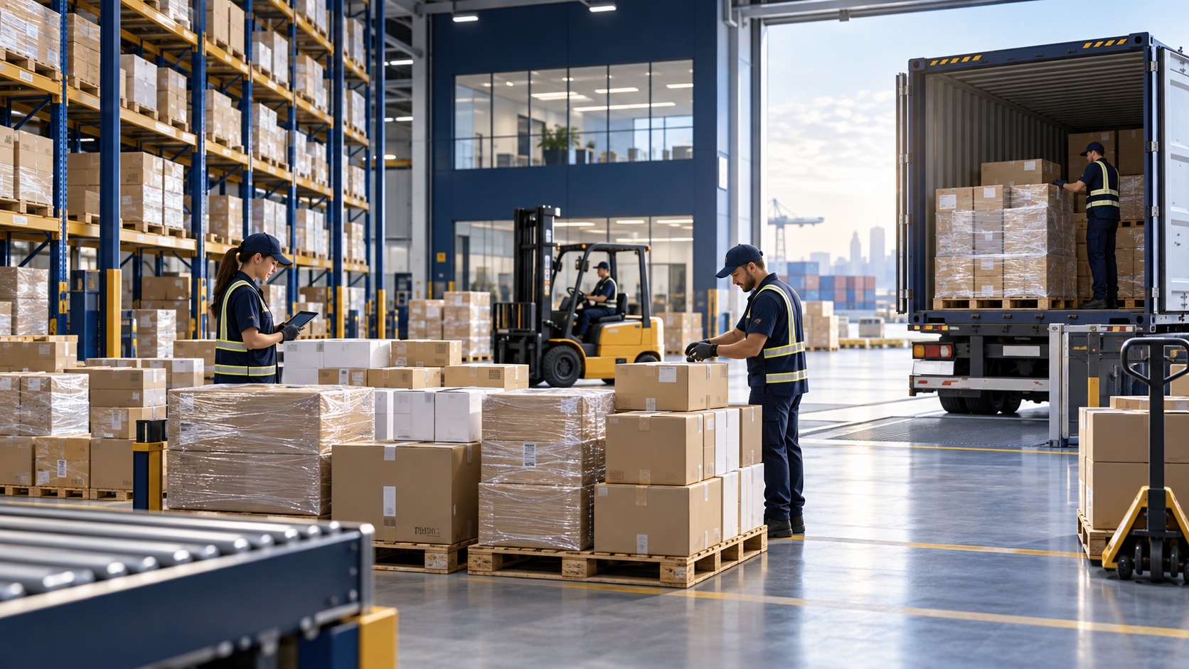 Warehouse team consolidating cartons and pallets for international shipment